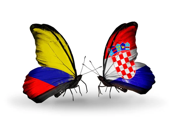 Butterflies with Columbia and Croatia flags on wings — Stock Photo, Image