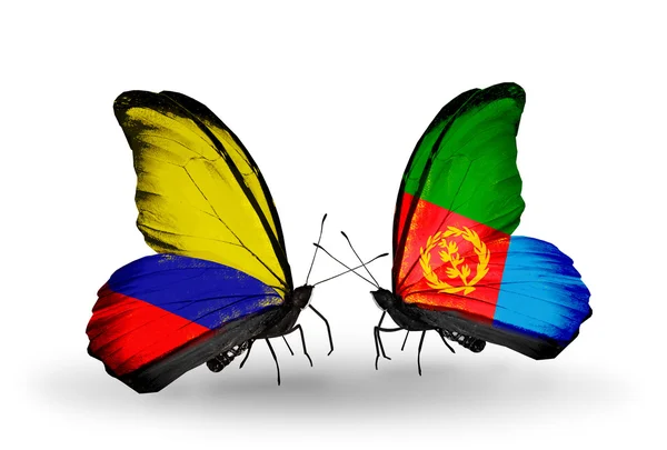 Butterflies with Columbia and Eritrea flags on wings — Stock Photo, Image
