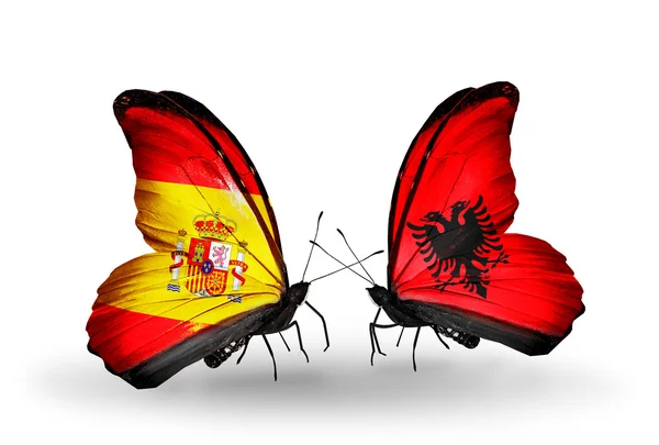 Papillons avec l'Espagne et l'Albanie drapeaux sur les ailes — Photo