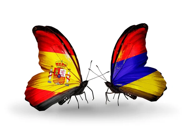 Borboletas com bandeiras de Espanha e Armênia em asas — Fotografia de Stock