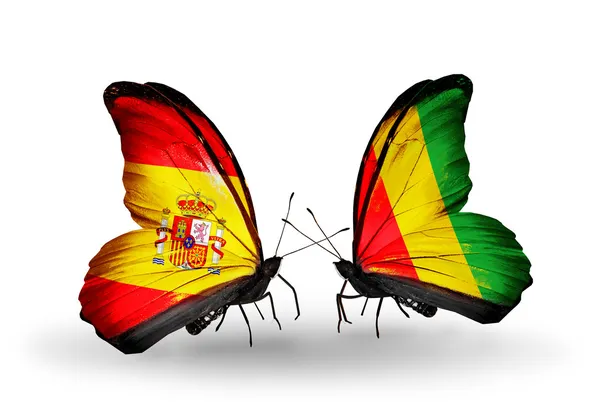 Papillons avec drapeaux d'Espagne et de Guinée sur les ailes — Photo