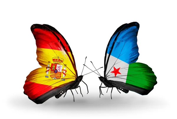 Kelebek kanatları üzerinde İspanya ve Cibuti bayrağı ile — Stok fotoğraf