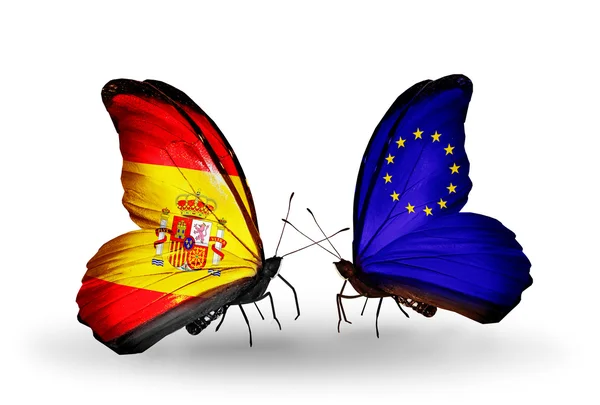 Mariposas con banderas de España y de la UE en alas — Foto de Stock