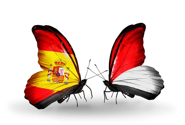 Mariposas con España y Mónaco, Banderas de Indonesia en alas —  Fotos de Stock