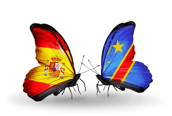 Mariposas con banderas de España y Kongo en alas — Foto de Stock