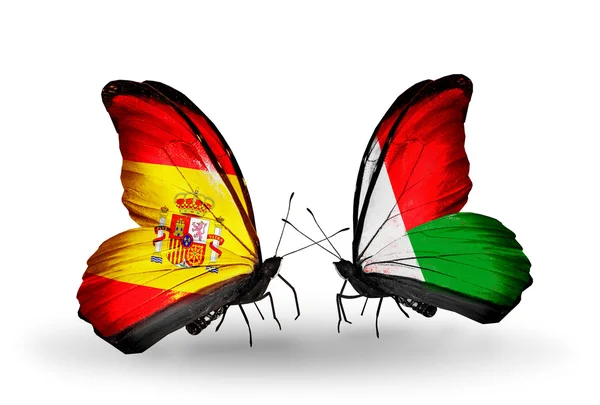 蝴蝶翅膀上的西班牙和马达加斯加标志 — 图库照片