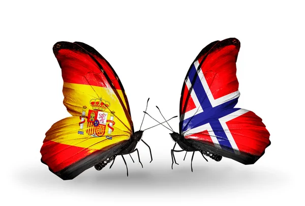 Fjärilar med Spanien och Norge flaggor på vingar — Stockfoto