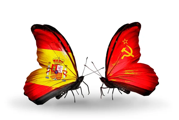 Farfalle con bandiere Spagna e Unione Sovietica su ali — Foto Stock