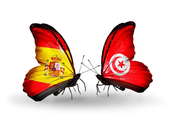 Papillons avec l'Espagne et la Tunisie drapeaux sur les ailes — Photo