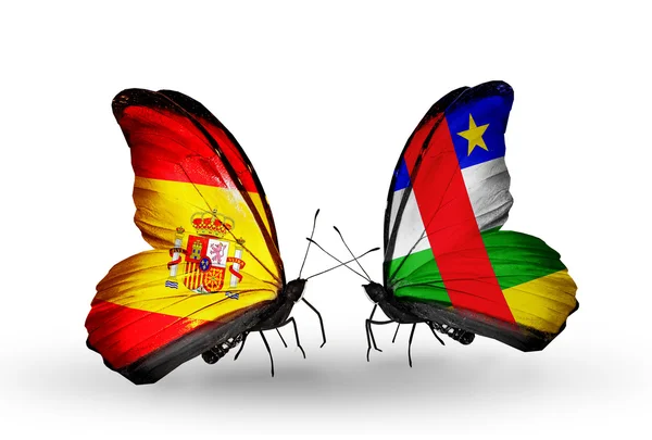Farfalle con bandiere Spagna e CAR sulle ali — Foto Stock