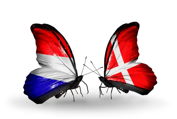 Butterflies with Holland and Denmark flags on wings — Stock Photo, Image