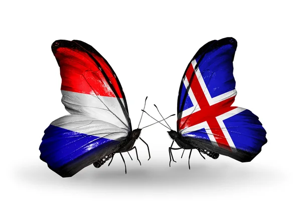 Butterflies with Holland and Iceland flags on wings — Stock Photo, Image