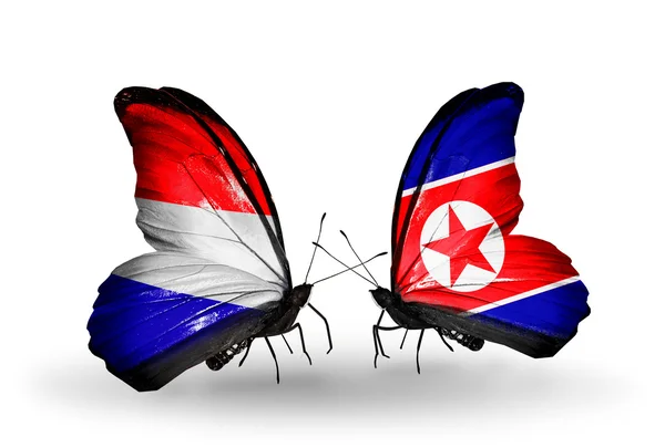 Butterflies with Holland and North Korea flags on wings — Stock Photo, Image