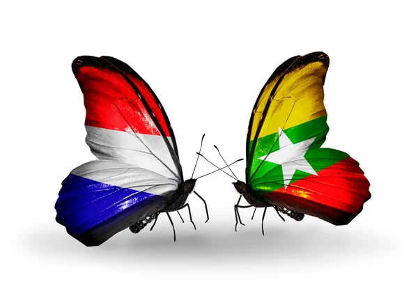 Schmetterlinge mit holländischen und myanmarischen Flaggen auf Flügeln — Stockfoto