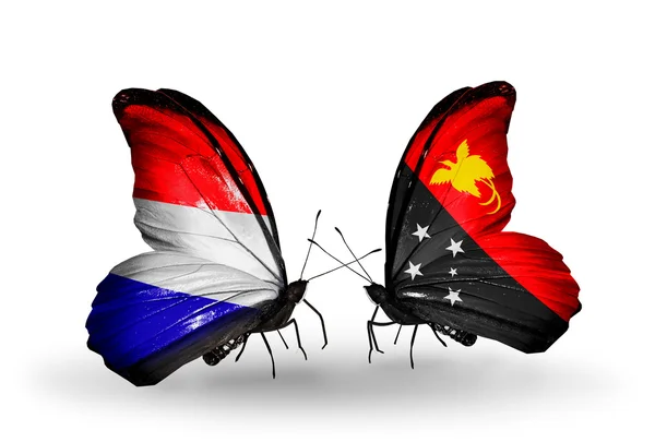 Kelebek kanatları üzerinde Hollanda ve papua Yeni Gine bayraklı — Stok fotoğraf