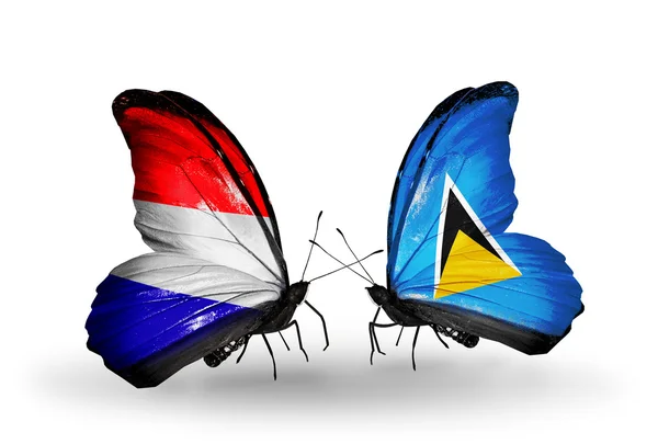 Butterflies with Holland and Saint Lucia flags on wings — Stock Photo, Image