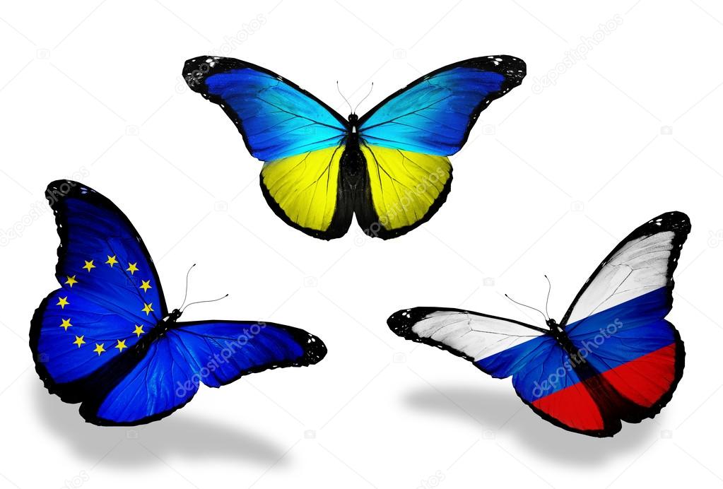 Butterflies with Russia, European Union and Ukraine flags