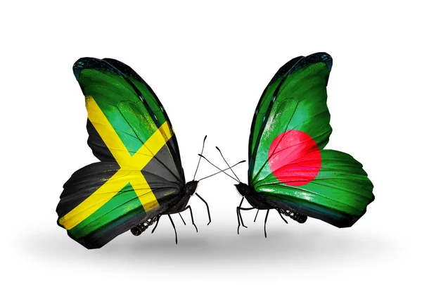 Papillons avec drapeaux Jamaïque et Bangladesh sur les ailes — Photo