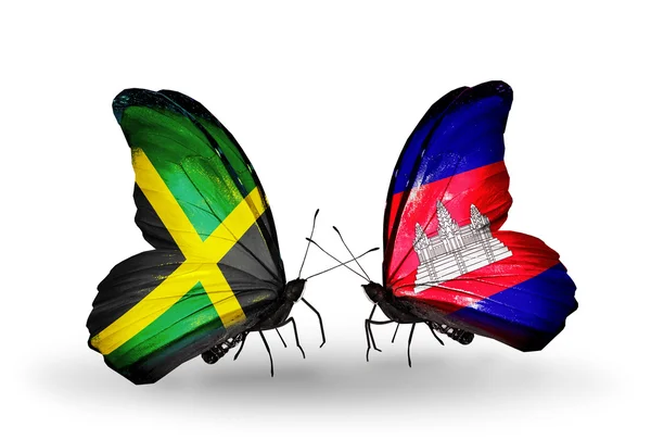 Papillons avec drapeaux Jamaïque et Cambodge sur les ailes — Photo
