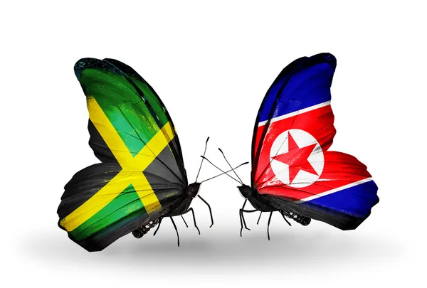 Motyle z flagami Jamajki i Korei Północnej na skrzydłach — Zdjęcie stockowe