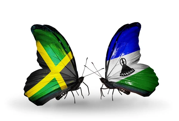 Vlinders met jamaica en lesotho vlaggen op vleugels — Stockfoto