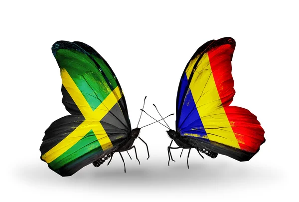 Mariposas con Jamaica y Chad, banderas de Rumania en alas —  Fotos de Stock