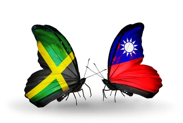 Papillons avec drapeaux Jamaïque et Taiwan sur les ailes — Photo