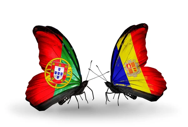 Butterflies with Portugal and Andorra flags on wings — Stock Photo, Image