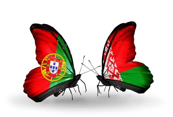 Butterflies with Portugal and Belarus flags on wings — Stock Photo, Image