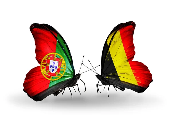 Butterflies with Portugal and Belgium flags on wings — Stock Photo, Image