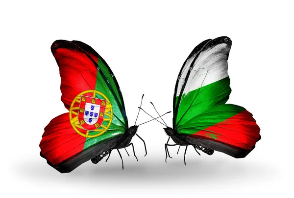 Butterflies with Portugal and Bulgaria flags on wings — Stock Photo, Image