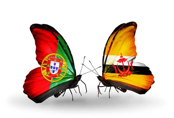 Kelebek kanatları üzerinde Portekiz ve brunei bayrağı ile — Stok fotoğraf