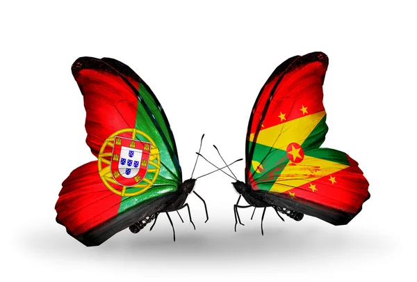 Butterflies with Portugal and Grenada flags on wings — Stock Photo, Image