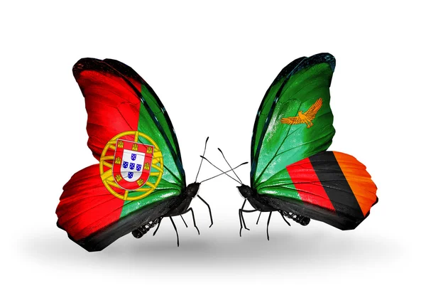 Borboletas com bandeiras de Portugal e Zâmbia em asas — Fotografia de Stock