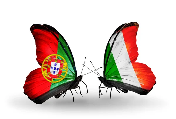 Butterflies with Portugal and Ireland flags on wings — Stock Photo, Image