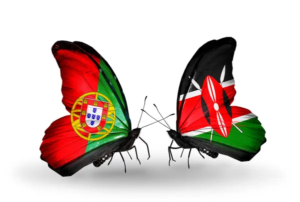 Vlinders met portugal en Kenia vlaggen op vleugels — Stockfoto