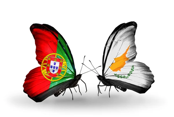 Butterflies with Portugal and Cyprus flags on wings — Stock Photo, Image