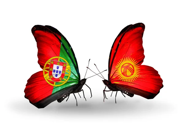 Butterflies with Portugal and Kirghiz flags on wings — Stock Photo, Image