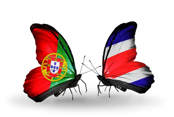 Butterflies with Portugal and Costa Rica flags on wings — Stock Photo, Image