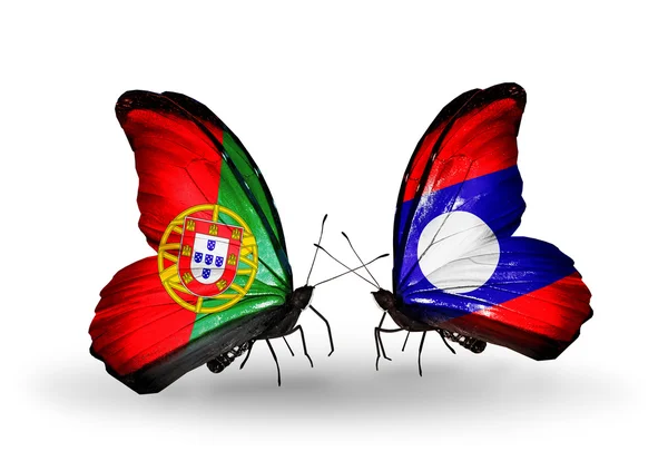 Borboletas com bandeiras de Portugal e Laos nas asas — Fotografia de Stock