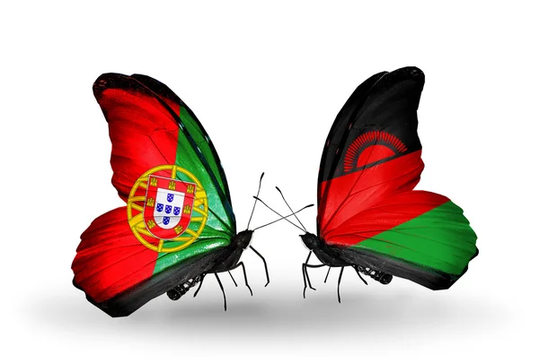 Motýli s Portugalskem a malawi vlajky na křídlech — Stock fotografie