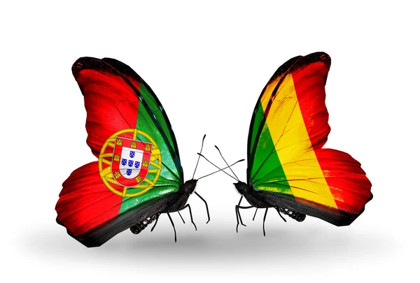 Butterflies with Portugal and Mali flags on wings — Stock Photo, Image