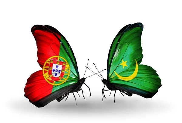 Butterflies with Portugal and Mauritania flags on wings — Stock Photo, Image