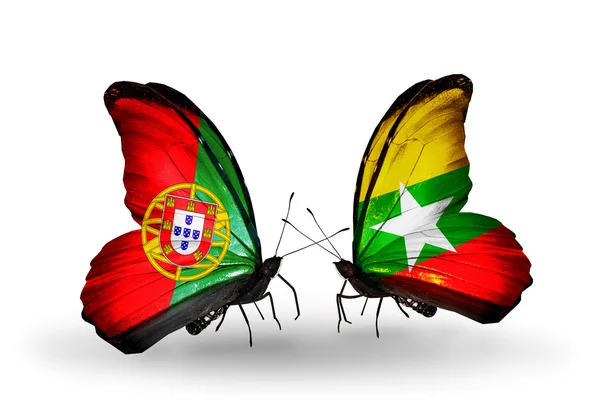 Butterflies with Portugal and Myanmar flags on wings — Stock Photo, Image