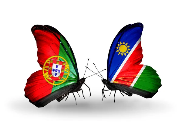 Kelebek kanatları üzerinde Portekiz ve Namibya bayraklı — Stok fotoğraf