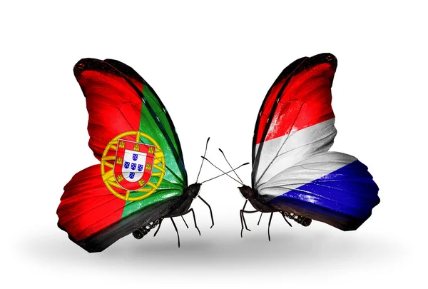 Motýli s příznaky Portugalsko a Holandska na křídlech — Stock fotografie