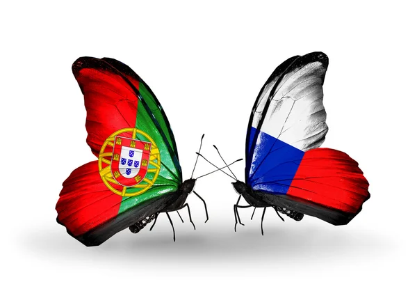 Butterflies with Portugal and Czech flags on wings — Stock Photo, Image