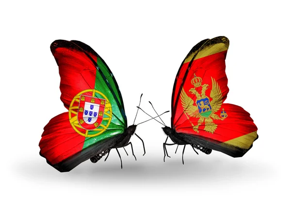 Butterflies with Portugal and Montenegro flags on wings — Stock Photo, Image