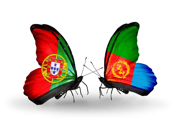 Butterflies with Portugal and Eritrea flags on wings — Stock Photo, Image