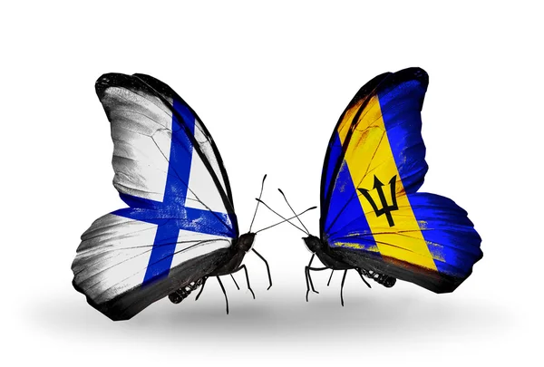 Borboletas com bandeiras da Finlândia e Barbados em asas — Fotografia de Stock